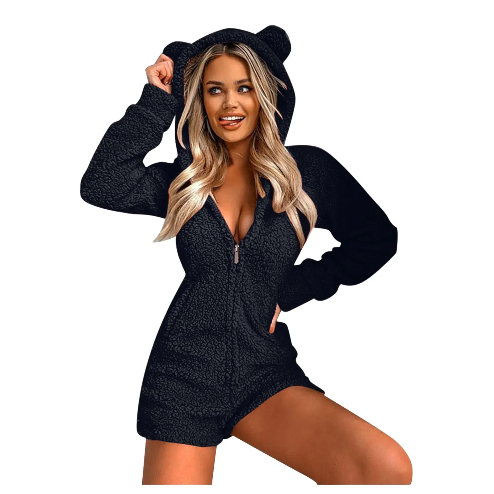 

Black Onesies Pajamas Adults Ear Full Jumpsuit Long Sleeve Hooded Animal Leopard Nightwear Flannel Cosplay Halloween Sleepwear