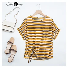 

2022 Summer New Silk Crepe De Chine Top Mulberry Silk Yellow Stripe Printed Loose T-shirt Versatile