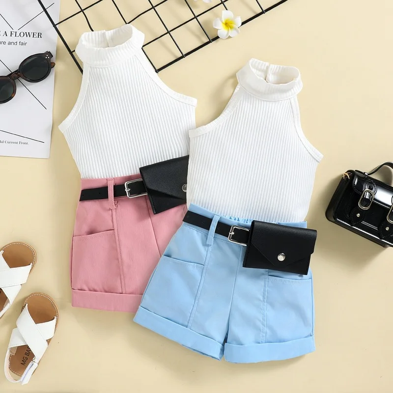 

Little Girl Three-Piece Outfits Solid Color Sleeveless Ribbed Stand-Up Collar Tops + Belted Short Pants + Small Waist Pack 6M-4T