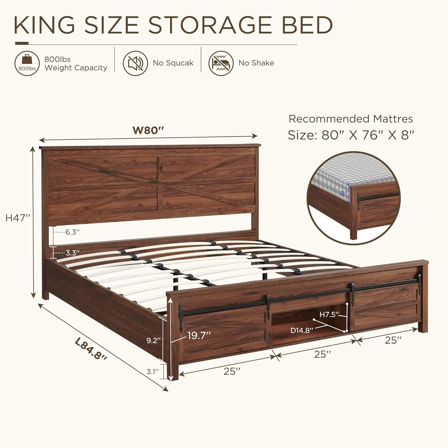 King Farmhouse Wood Bed Frame with Sliding Barn Door Storage Cabinets, Solid Wood Slats Support,  No Box Spring Needed, Brown 2