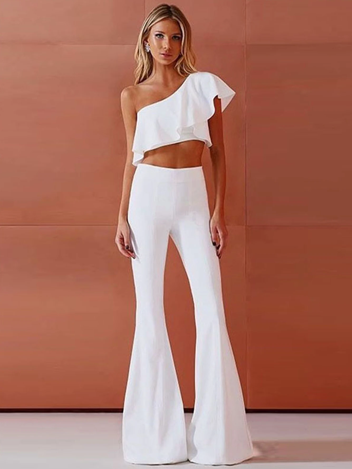 Adyce 2022 New Summer Women's White 2 Two Pieces Sets Sexy One Shoulder Ruffles Tops &ampFull Pants Fashion Club Party Outwear |