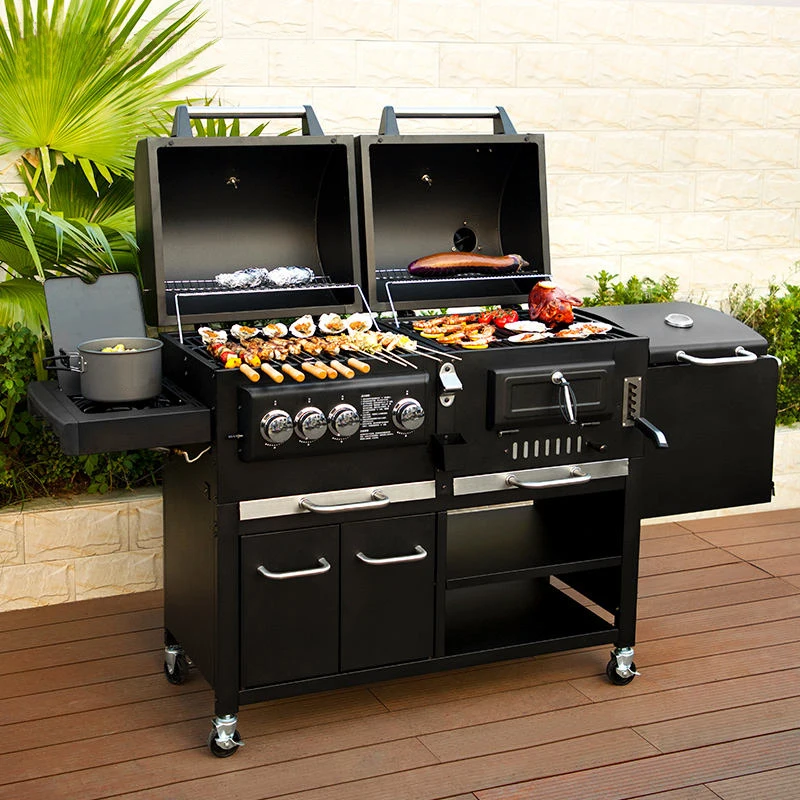 

Outdoor Large Gas and Charcoal Grill Heavy Duty Trolley 4 Burner BBQ Smoker Smokeless Combo Commercial Barbecue BBQ Gas Grills