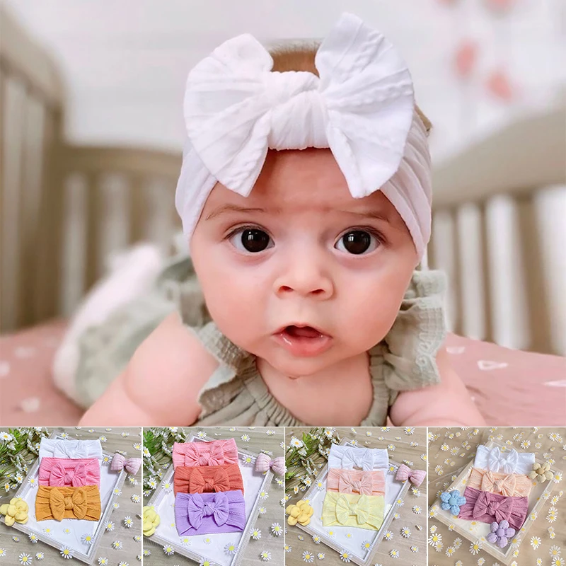 

Cute 3Pcs/Set Bowknot Baby Headband Soft Nylon Elastic Newborn Infant Hairband Solid Color Girls Hair Band Baby Hair Accessories
