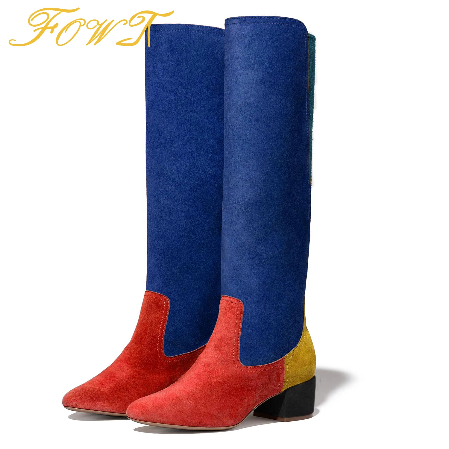 

Multicolor Women's Knee-High Boots Square Heels Short Plush Winter Female Booties Novelty Top Quality Ladies Shoes Size 41 42