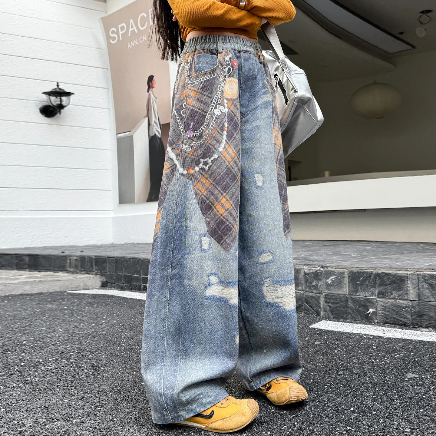 루즈핏 아동용 하이 재즈 힙합 스트릿 댄스 프린트 청바지, 십대 소녀 패션 힙합 데님 팬츠, 키즈 무대용 바지