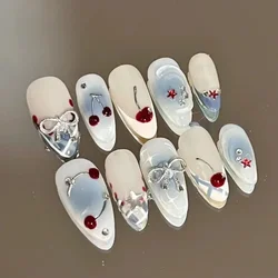 Handcrafted French Almond Press-On Nails - Cherry & Bow Design (S)