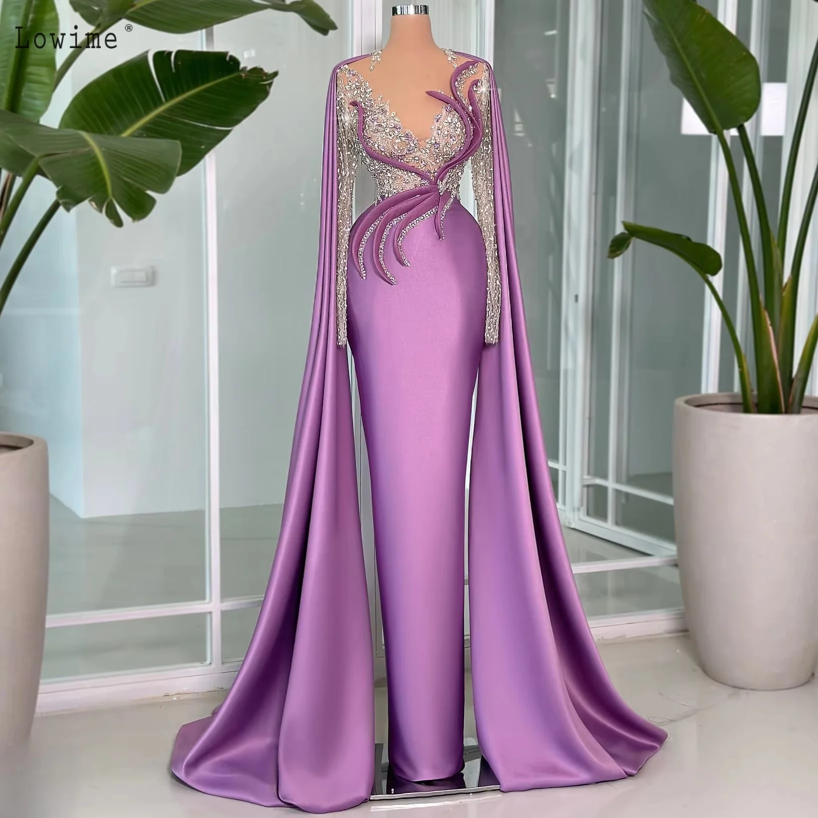 2026 Customized High-End Fashion Purple Satin Evening Gown Mermaid Long Sleeve Formal Occasion Crystal Women's V-Neck Dress 1