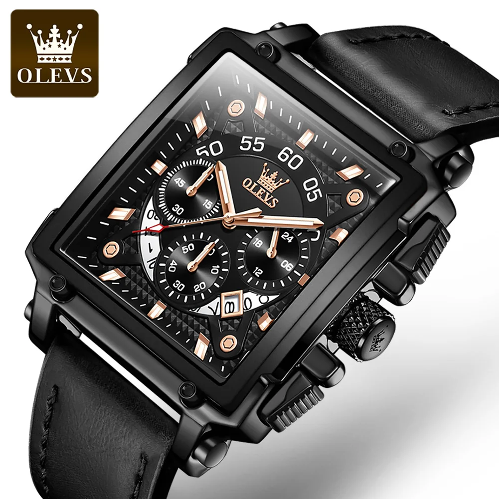 OLEVS Men's Watches Black Leather Strap Wristwatch Waterproof Luminous Analog Quartz Fashion Business Sport Watches for Men 9919 mini focus chronograph quartz watch for men with stainless steel bracelet luxury sport analog wristwatch with date black purple