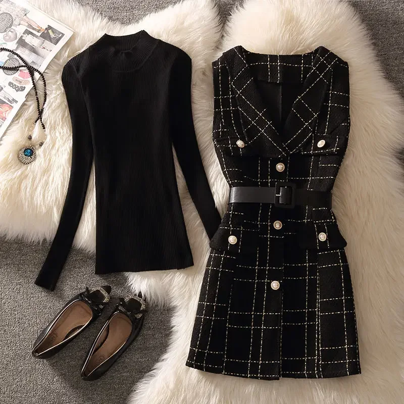 2024 Autumn Winter 2 Piece Sets Tweed Vest Sweater Suits with Sashes Buttons Slim Streetwear Fashion Women Small Fragrance Suit