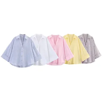 Summer Women's Curled Wide Sleeves Linen Blended Striped Asymmetric Casual Shirt Versatile Collar Linen Blended Printed Shirt 1