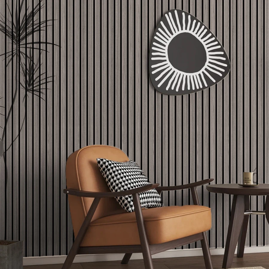 วอลเปเปอร์ลายทางสีเหลืองเทา ลายตารางเลียนแบบ กระดาษลายทางแบบมีกาวในตัว สำหรับตกแต่งเฟอร์นิเจอร์ ห้องนั่งเล่น ห้องรับประทานอาหาร 1