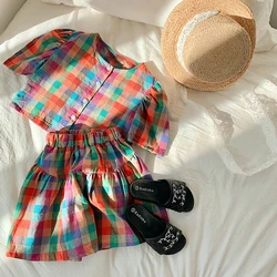 Menoea Colorful Plaid Girls Set Summer Children's Clothing Bubble Sleeve Shirt Tops + Shorts Suit Two Piece Girls Sets Outfits