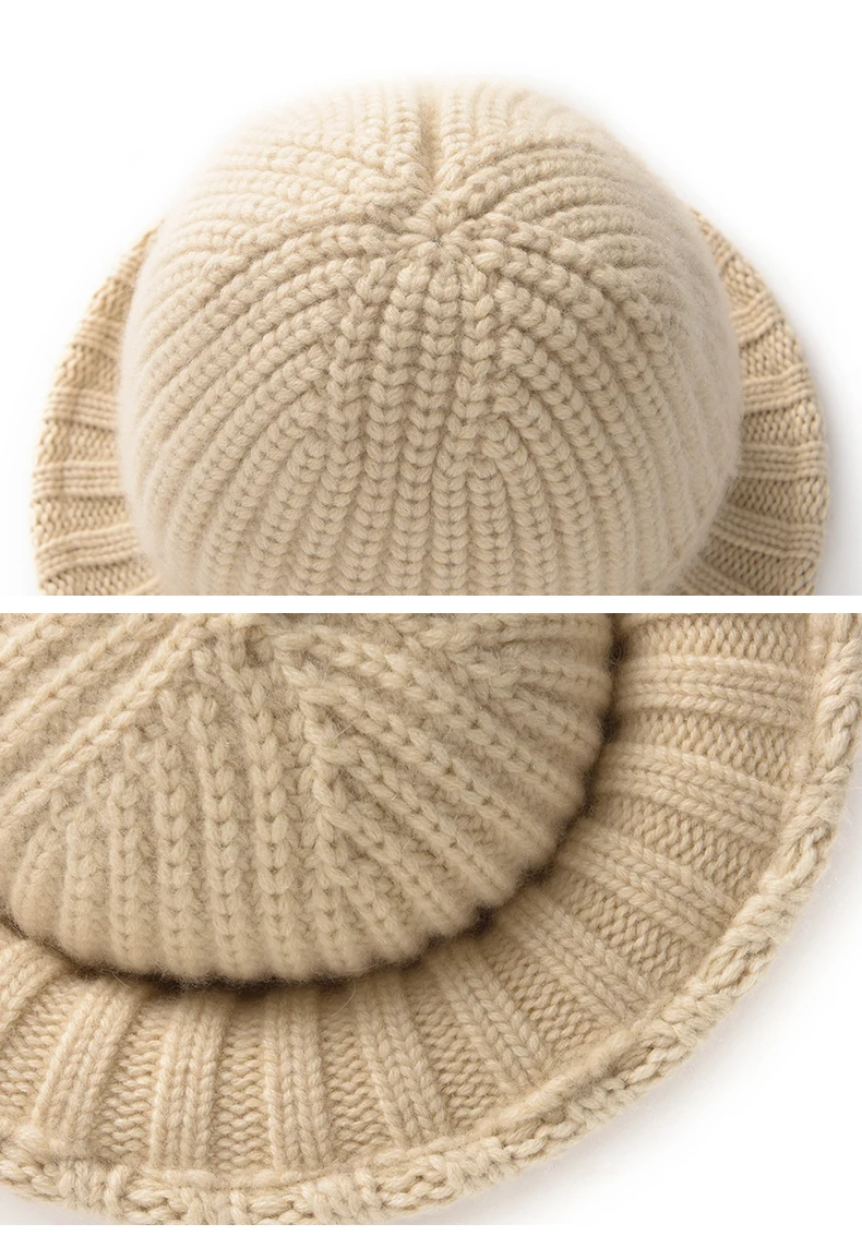 Premium 100% Kaschmir Bucket Hat im Koreanischen Stil, Warmer Herbst-Winter-Mode-Strickhut, Vielseitiger Kälteschutz-Hut – Detail 12