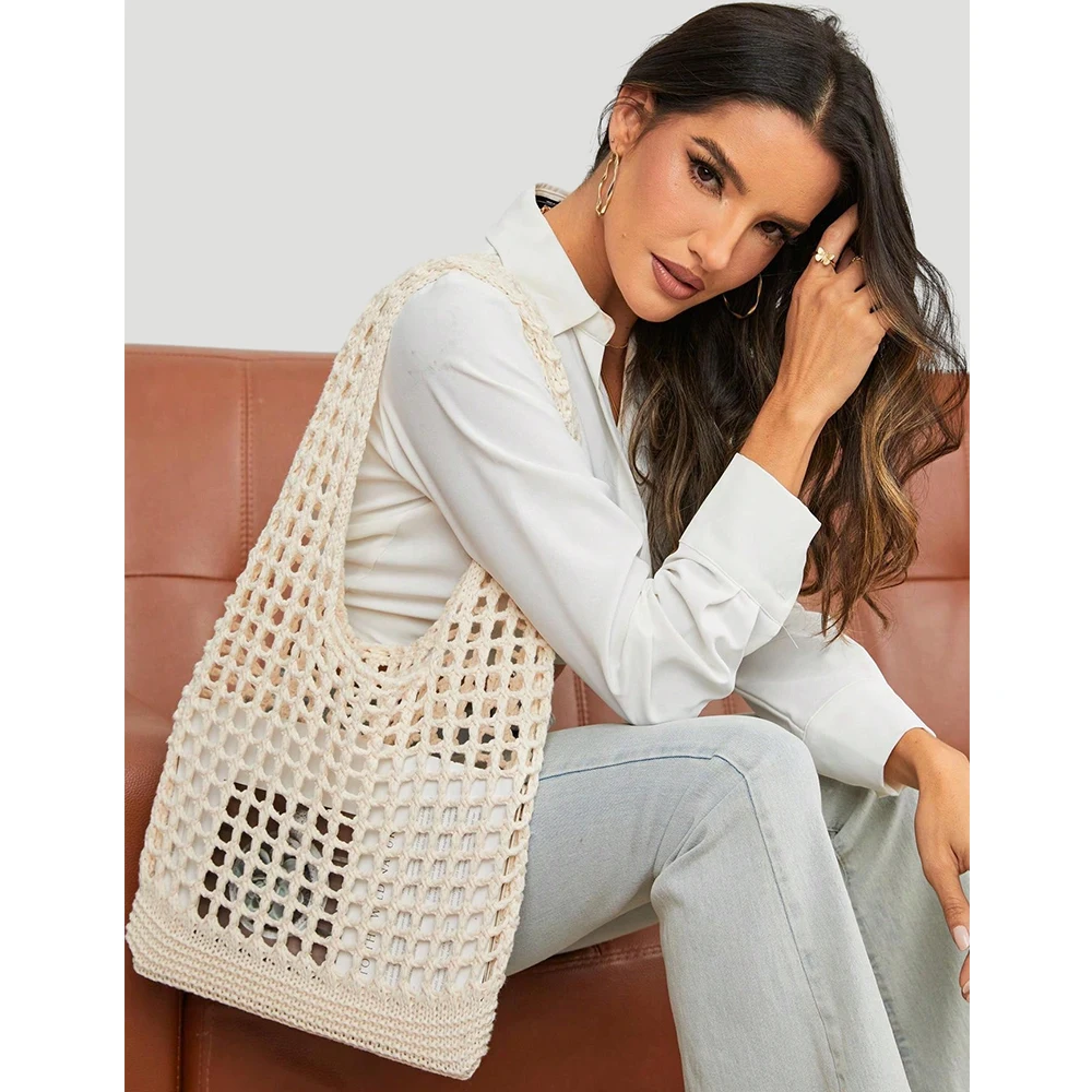 Hollow Crochet Mesh Shoulder Bag Bohemian Knitting Beach Bags for Women Woolen Yarn Woven Handbag Fishing Net Shopper Tote Bag