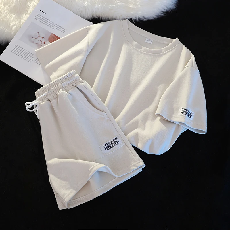 

Женский комплект из 2 предметов с шортами, однотонный Свободный Топ с коротким рукавом и шорты с эластичным поясом, повседневные спортивные костюмы из 2 предметов