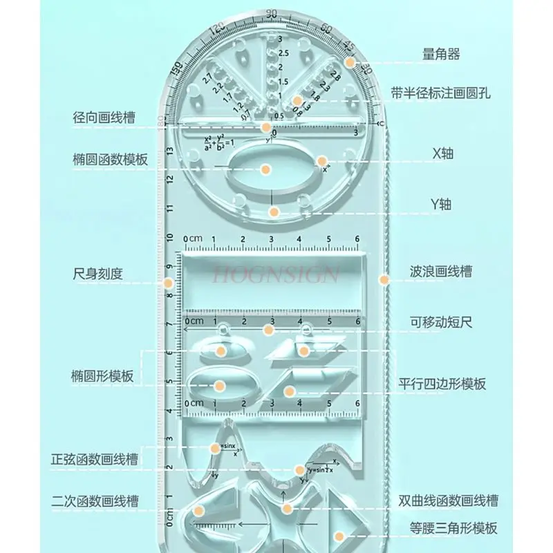 중학생을 위한 업그레이드된 다기능 자, 각도기, 기하학적 도면 자 1개