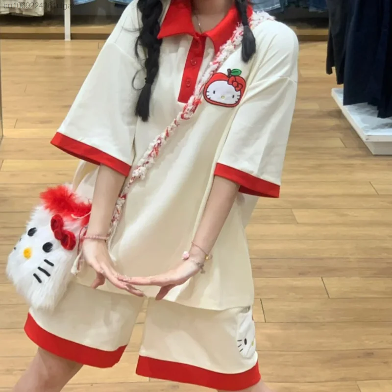 Sanrio Hello Kitty Short Sleeve Top Shirts Shorts 2 Piece Set Y2k Kawaii Clothes Japanese College Style Tees Women Cute Shorts 2