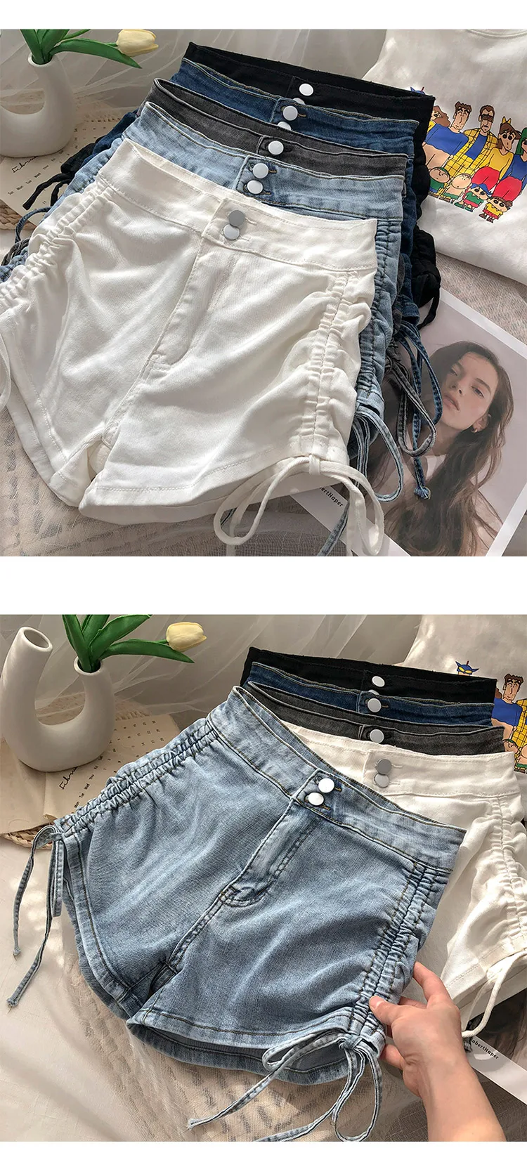 gap jeans Denim Shorts Two Button High Waist Drawstring Lace Washed Jeans Women Spring 2022 Korean Version Stretch Wide Leg  Slim Short stacked jeans