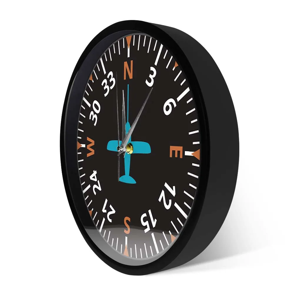 Airplane Instruments Compass Metal Frame Wall Clock Silent - Main Image