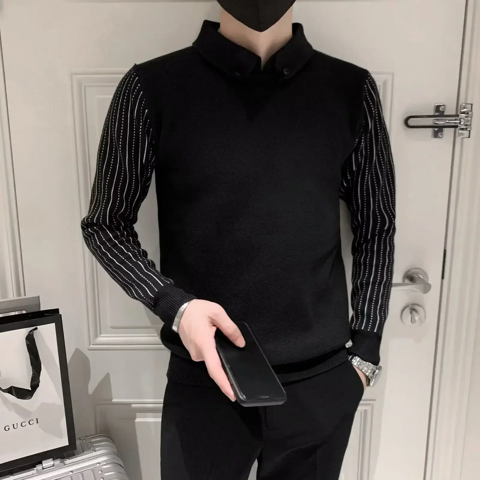 thumbnail image 1 of Jersey de punto negro con bolsillos para hombre, jersey de manga larga, estilo coreano, reseñas de ropa, jerseys de punto con cable originales de alta calidad para hombre, 1 of 5