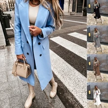 

Autumn Winter Woolen Coat Long Sleeve Scarf Collar Office Lady Slim Solid Pocket Double Breasted Female New Fashion Length Coat