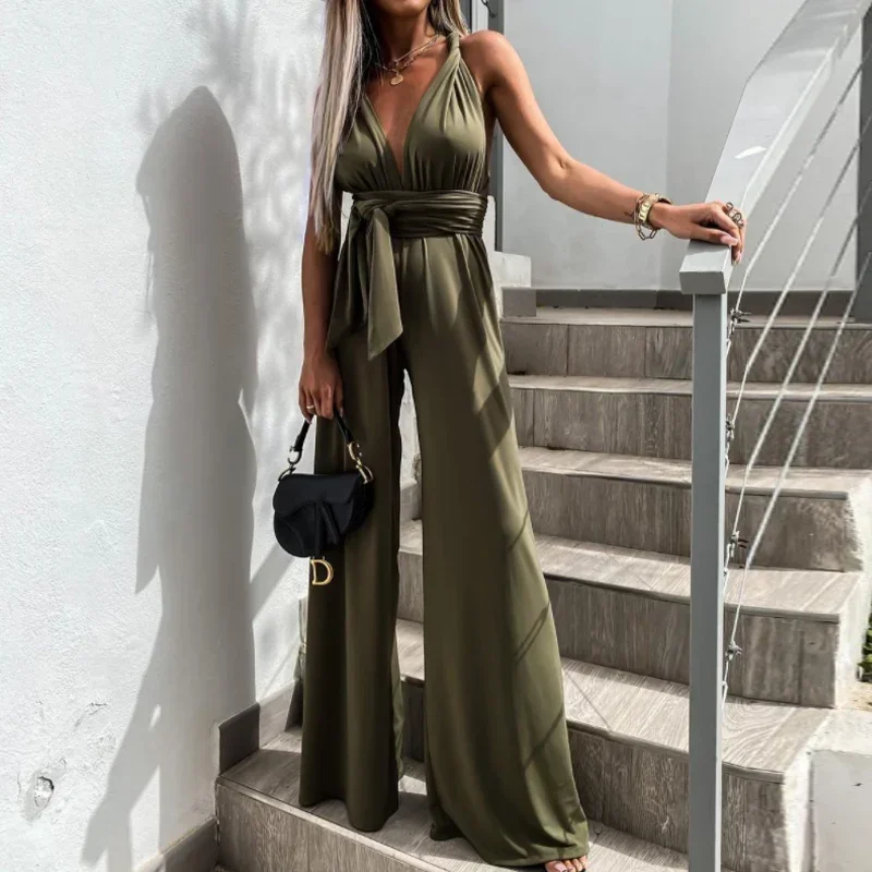 2024 New Women Hollow Out Strappy Jumpsuit Elegant V-Neck Sexy Bodysuit Romper Casual Fashion Solid Color Summer Jumpsuit OFE01