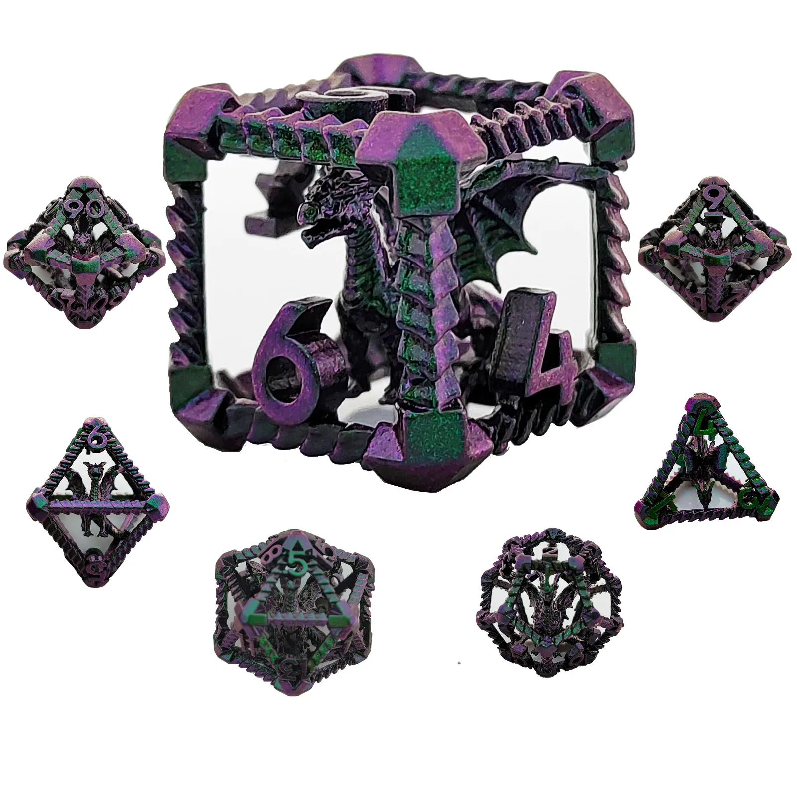 DND Hollow Metal Giant Polyhedral Dragon Dice 7-Piece Set for Roleplaying Tabletop Games Halloween Party Accessories Christmas G polyhedral metal dice set of 7 with black bag for rpg dnd mtg games ancient