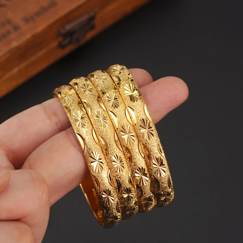 4PCS 65MM 24k Gold Plated Bangle Fashion Dubai Bride Wedding Ethiopian Bracelet Africa Arab Jewelry Gold Charm Bracelet Gifts