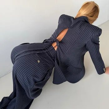 Backless Tie Waist Pinstripe Blazer Set Women 2 Pieces Lapel Button Down Blazer With High Waist Wide Leg Pants Office Suit 1