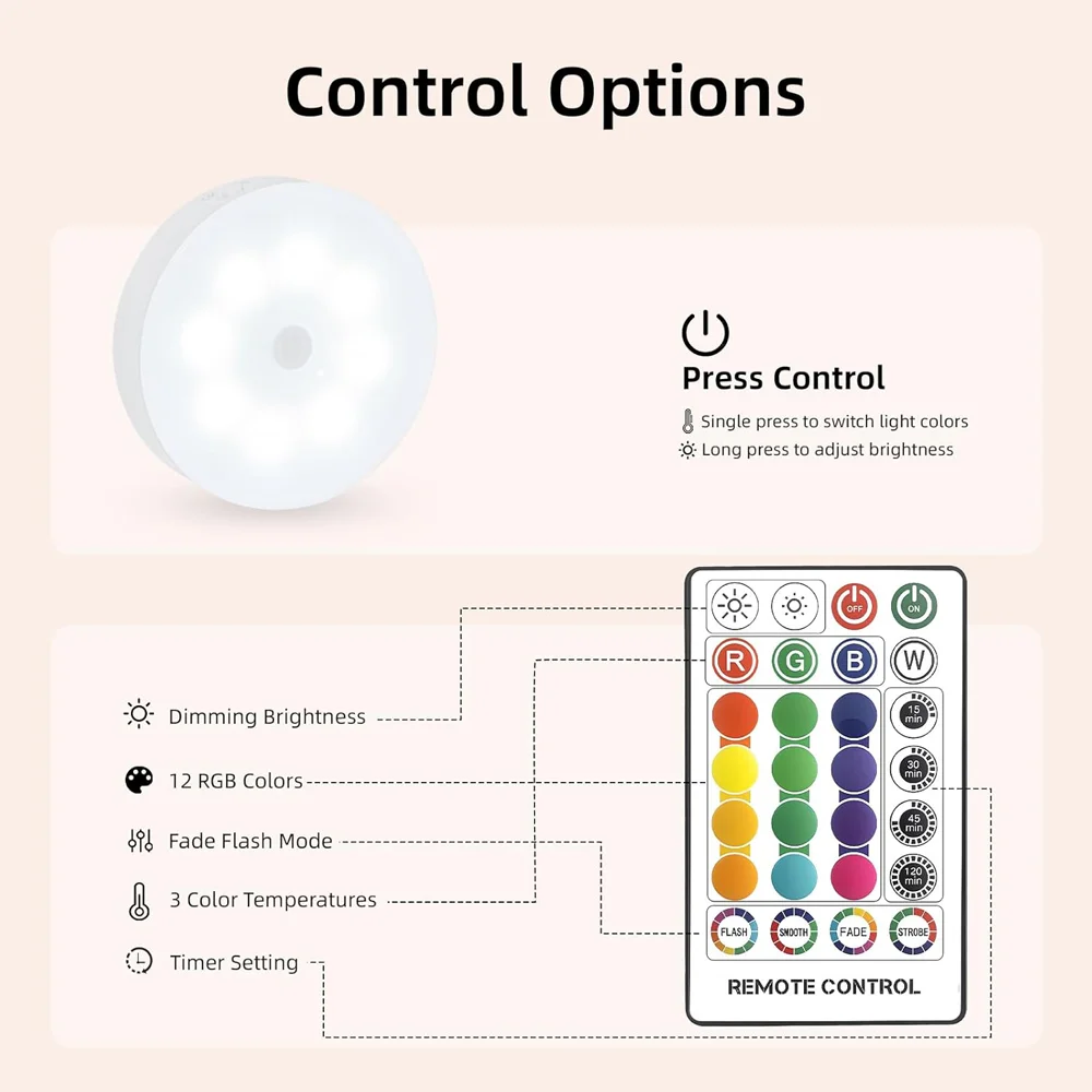 USB 충전식 자석 RGB 야간등 RGB 화이트 LED 야간등 리모컨 조절 가능 램프 스포트라이트 디스플레이 옷장용