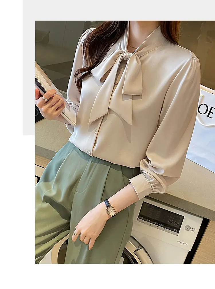 Korean Lacing Loose Solid Blouse Spring Autumn New Chiffon Long Sleeve All-match Elegant Shirt Tops Fashion Office Women Clothes