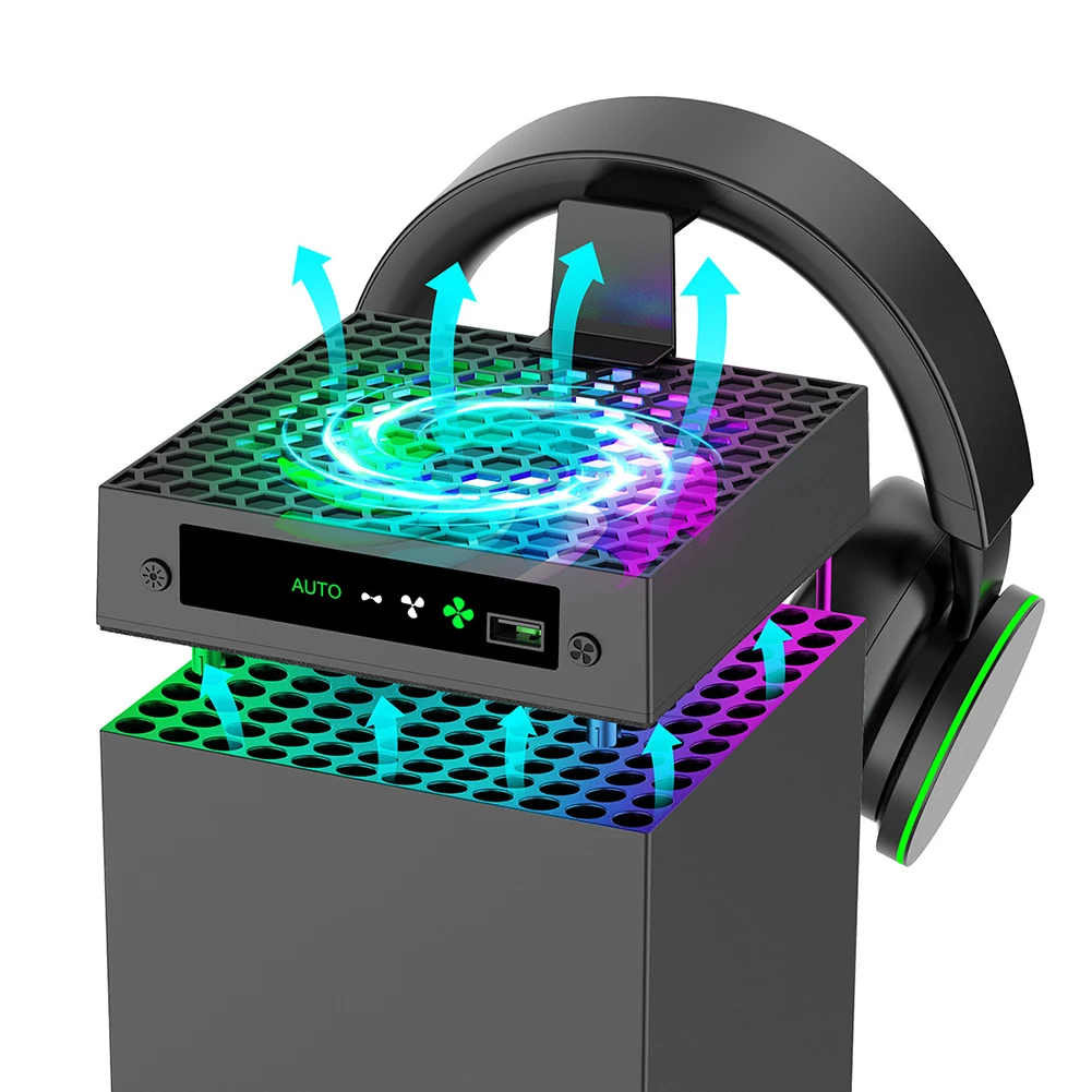 RGB 냉각 선풍기 온도 제어 냉각 선풍기 시스템, Xbox 시리즈 X 호스트 헤드셋 홀더 포함, 3 단계 속도 조절 가능