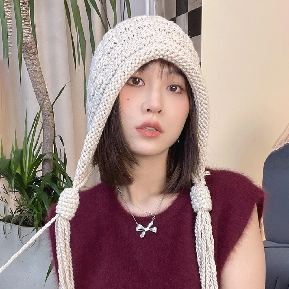 여성용 울 니트 모자, 달콤한 따뜻한 태슬 귀 보호 모자, 방풍 수제 풀오버 모자