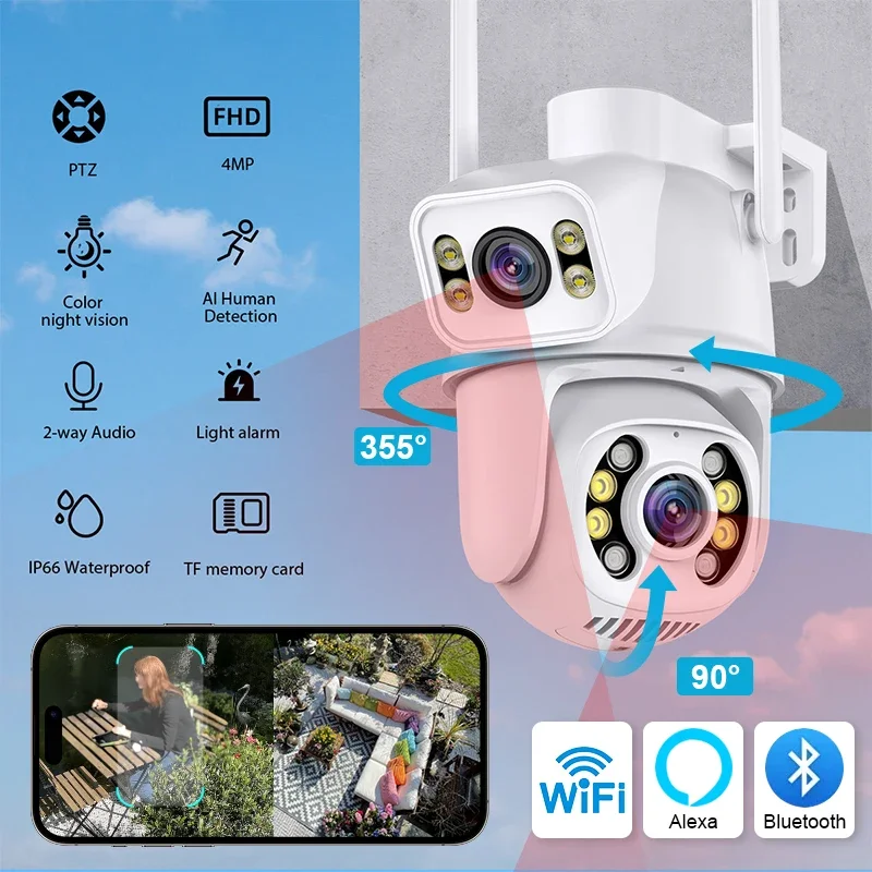 4K Wifi Camera Dual Lens with Dual Screen Ai Human Detect Auto Tracking Wireless Outdoor Surveillance Camera Supports NETIP