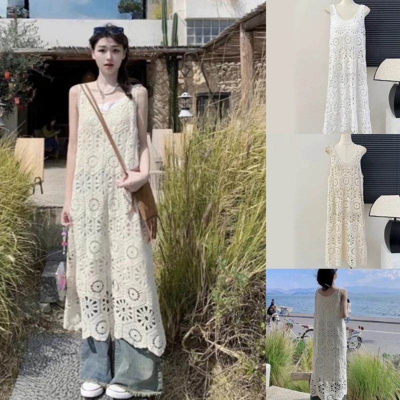 

Women Vintage Hollowed Crocheted Flower Sleeveless Loose A Line Beach Long Dress N7YE