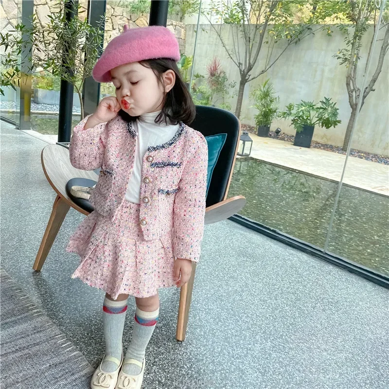 Girls Tweed Sets Clothes Kids Coat and Skirt Two Piece  Children's Boutique Clothing Suit Outfits Baby Toddler Costume Autumn - 4