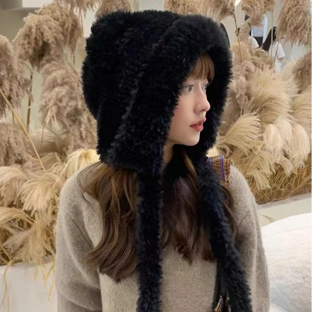 Women's Bear Ear Hooded Hat Fluffy Cute Bear Ear Design Windproof Warm Ear Protection Large Head Size Spring Autumn Winter Cap