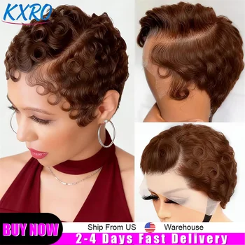 Brown Short Curly Pixie Cut 13x4 Lace Front Wigs Remy Human Hair for Women Chocolate 4# Wavy Layered Glueless Wigs With Bang 1