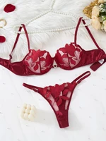 Ensemble de Lingerie en dentelle transparente, deux pièces, motif Floral exquis, soutien-gorge ultra-fin, slip, solide, exotique, pour dames, 23171A 2