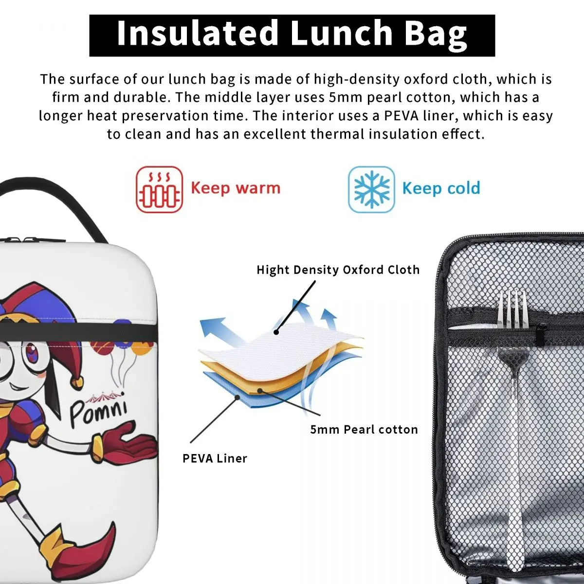 놀라운 디지털 서커스 어린이를위한 재미있는 절연 점심 가방 학교 쿨러 열 음식 상자 토트 휴대용 도시락 상자 컨테이너