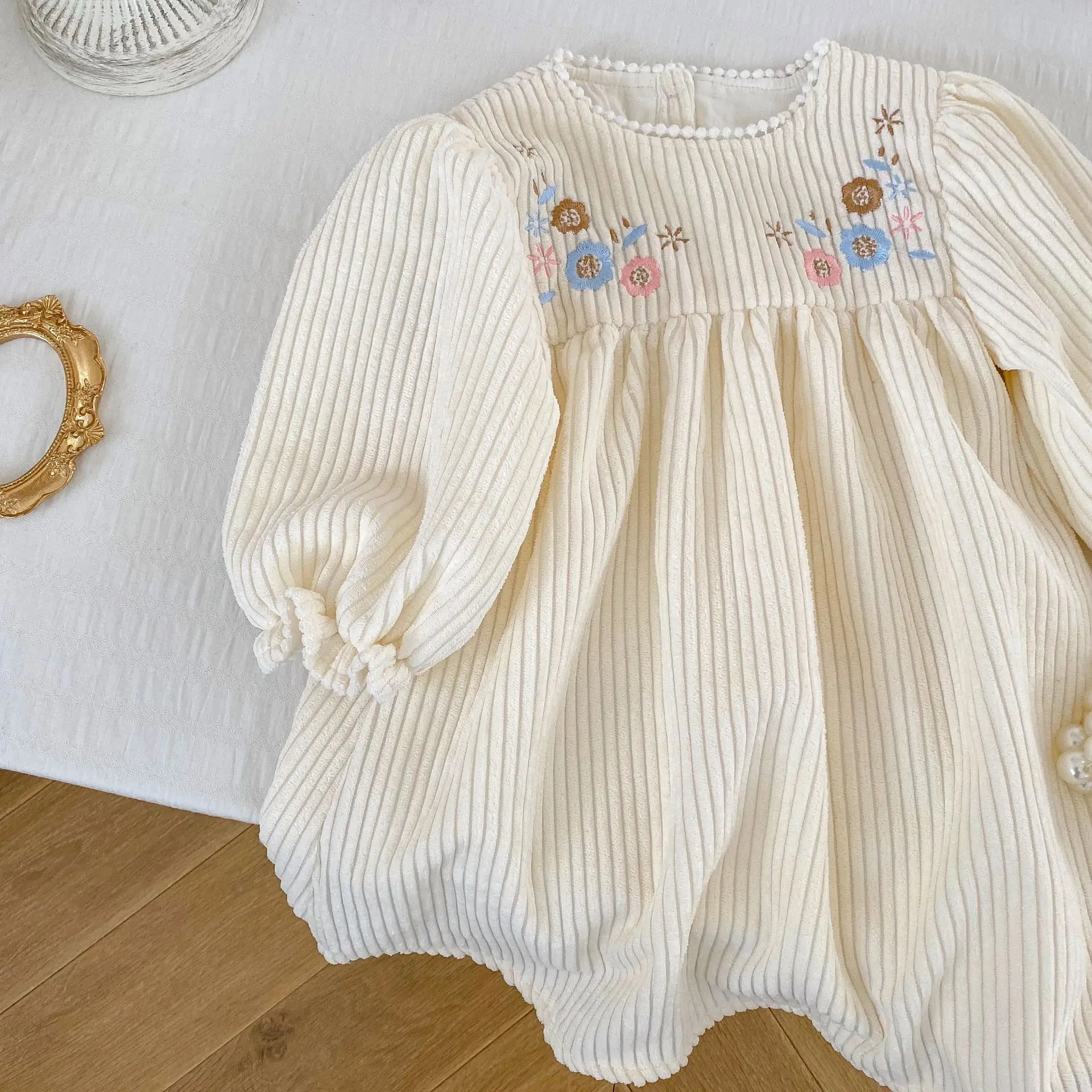 Spring Baby Girl Dress Infant Clothing Autumn Children Embroidered Lace Collar Bubble Long Sleeve Pit Striped Ladies Style Dress girls dress