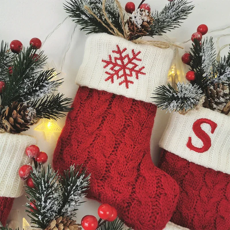 Festive Knitted Christmas Stocking with Snowflake & Alphabet Design - Holiday Tree Pendant Decoration