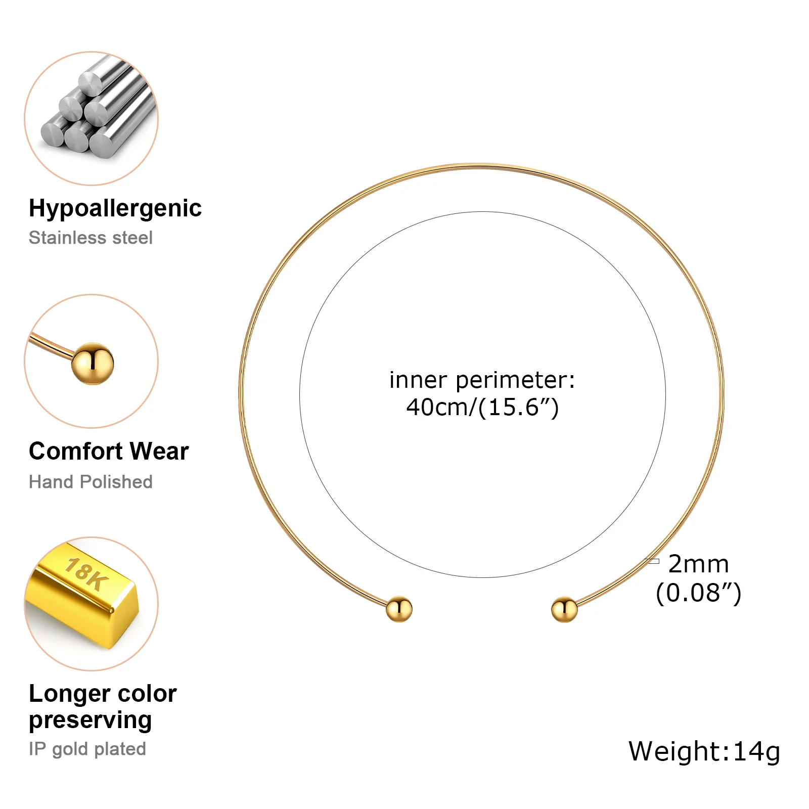 Choker Necklace 1 PC 2mm Stainless Steel Collar Choker Necklace Gold Color Round Open Collar Jewelry Simple Fashion For Men Women