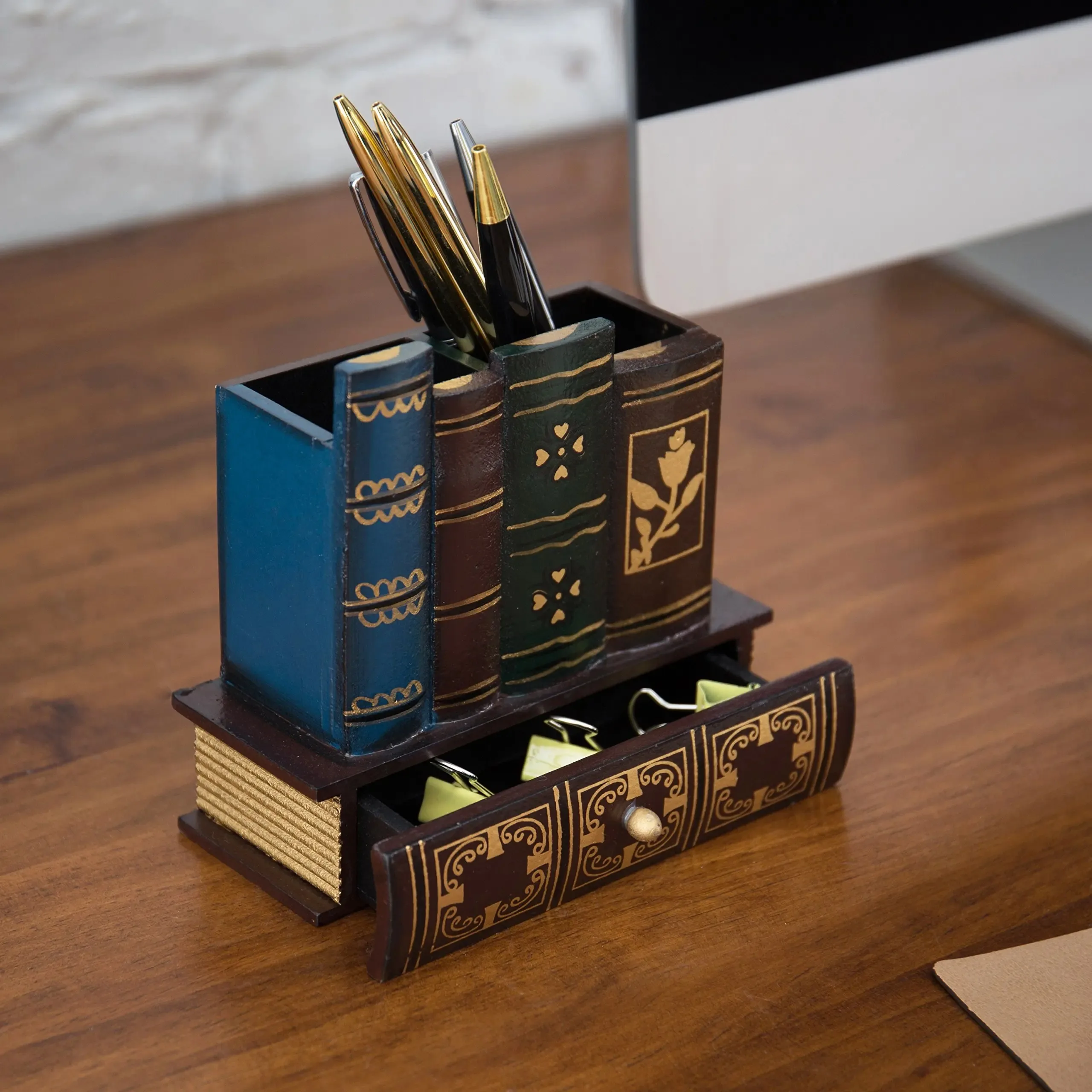 Decorative Pen Holder with Storage Drawer, Wooden Pencil Holder and Organizer,Countertop, for Desk,Table
