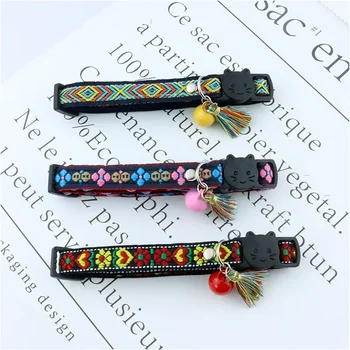 Adjustable cat collar with tassels and bells embellished pet collar colorful plaid jacquard pattern for cat and dog collars 5