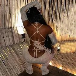 Sexy Crochet Summer Jumpsuits Hollow Out 2023 Women Bodysuit Elegant Luxury Bodycon One Piece Knitted Stacked Pant Jumpsuit