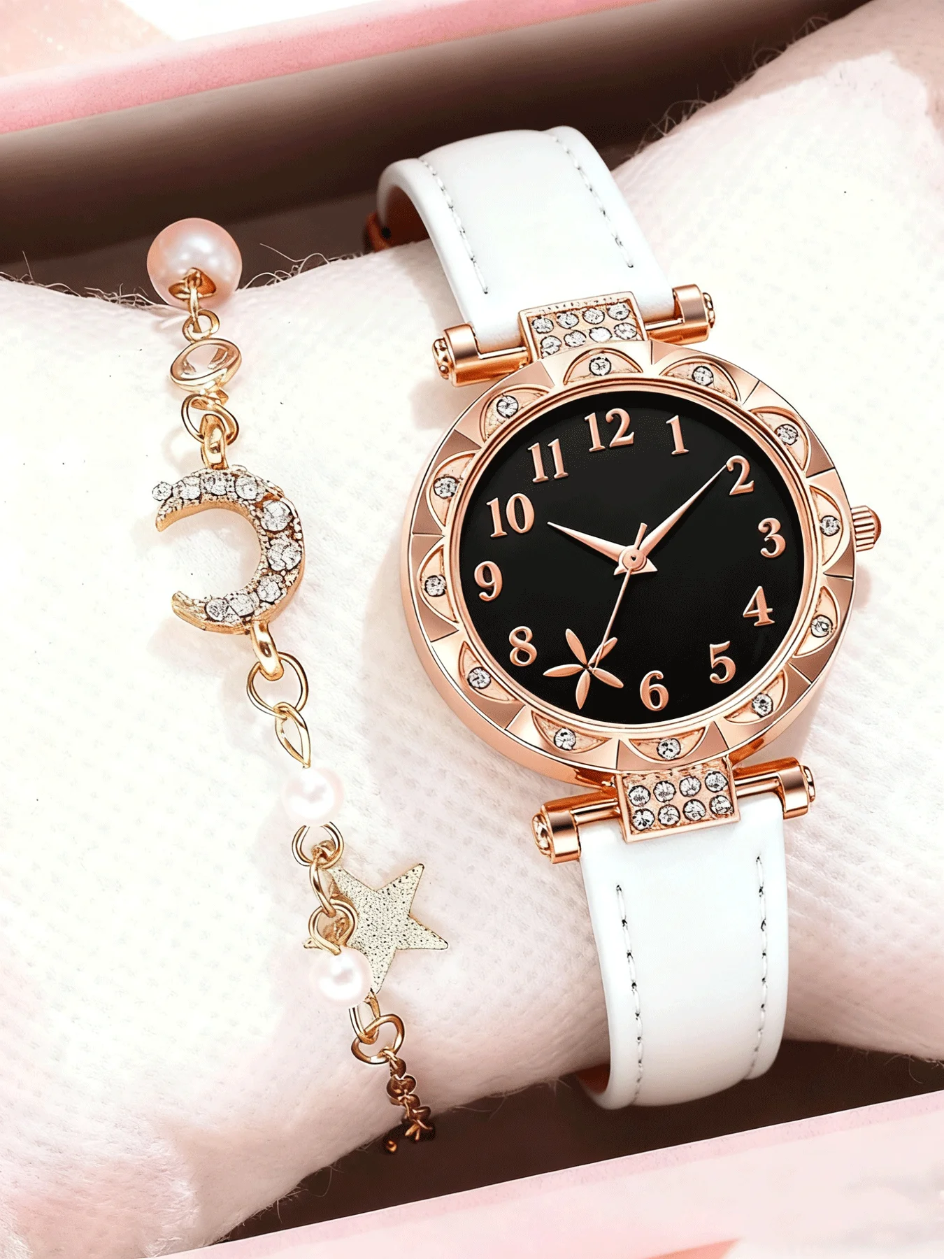 2-piece casual starfish dial rose gold women's watch electronic belt watch women's set
