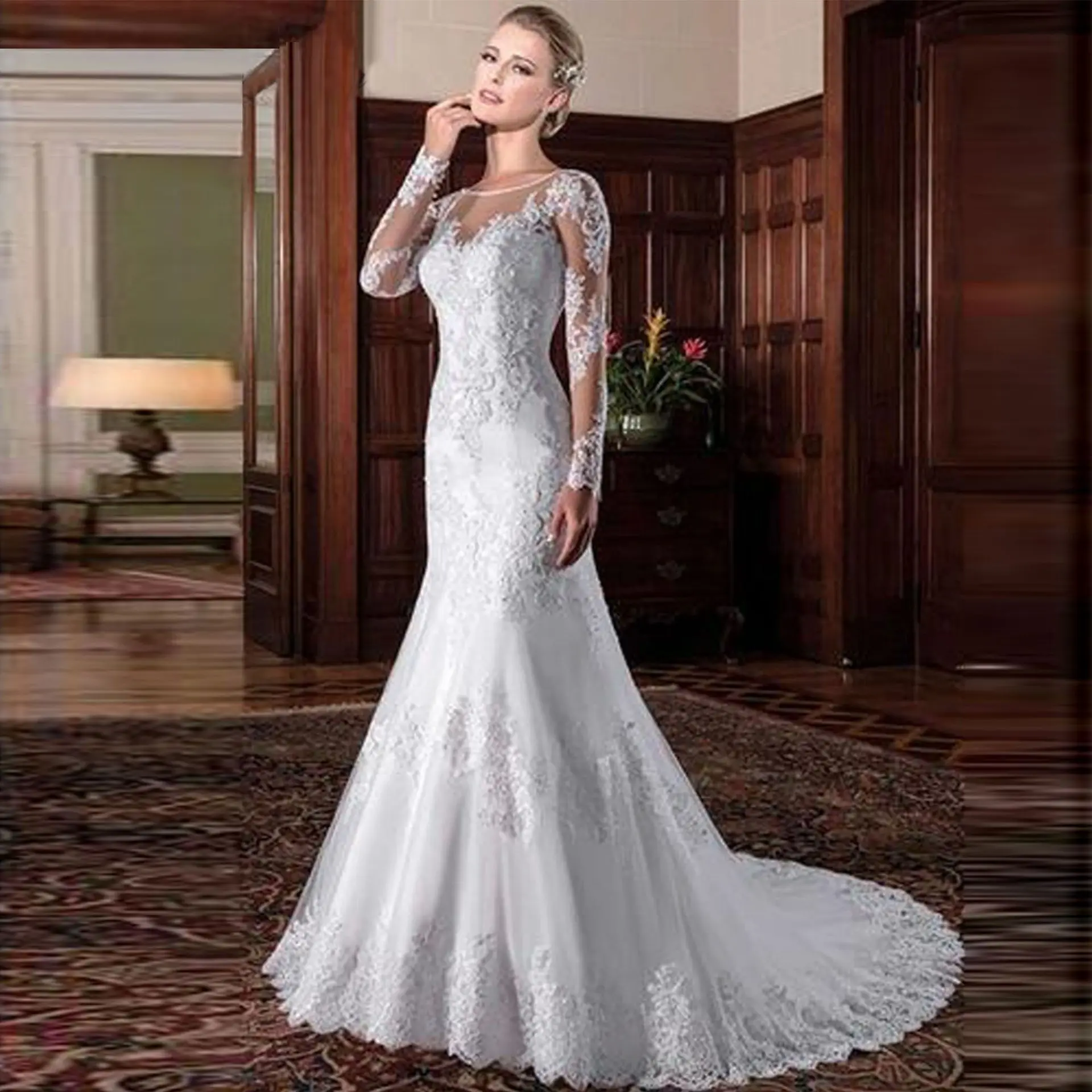 

S0150F 2023 New High Quality Hot Selling Sexy Lace Back Fish Tail Long Sleeved Bride Wedding Dress