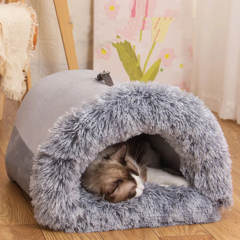 2024 Portable Dog Beds Long Plush Cat Nest Winter Dog House for Small Dogs Kitten Bed Antiskid Dog Nest Cat Keep Warm Bed