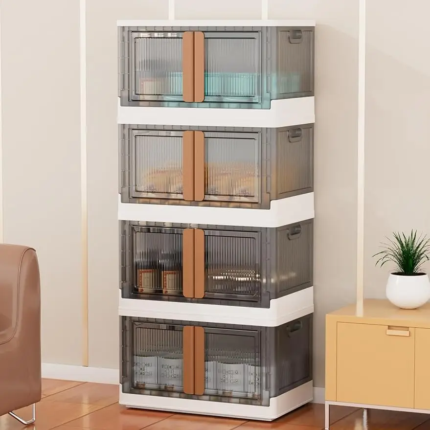 

Storage Bins with Lids - Stackable, with Wheel 4x19Gal Collapsible, with Door Plastic, for Closet Organizer Folding Storage